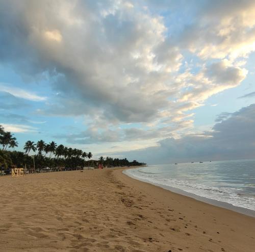 uma praia arenosa com palmeiras e o oceano em Samburá Suítes em Japaratinga