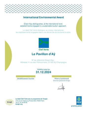 une capture d’écran de la documentation api pour le prix international de l’environnement dans l'établissement Pavillon d'Aÿ cottage Champagne - Label Green Key - Epernay, Aÿ, à Ay