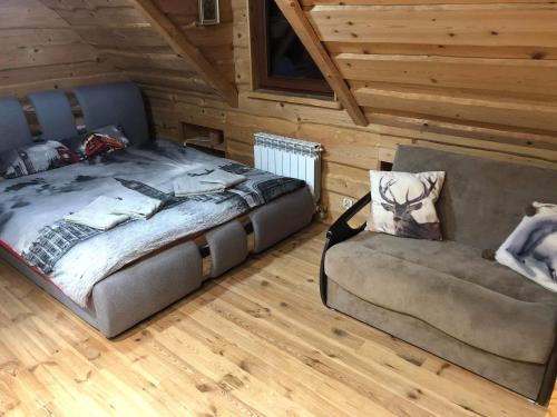 クリニツァ・ズドルイにあるDom pod Złotą Łyżwąのベッドルーム1室(ベッド1台、キャビン内のソファ付)
