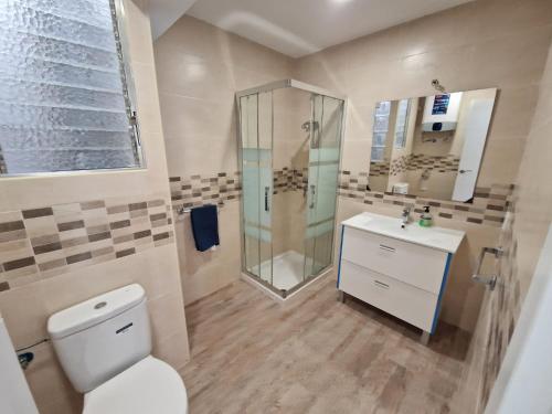 a bathroom with a shower and a toilet and a sink at Benidorm 2ºlinea playa in Benidorm