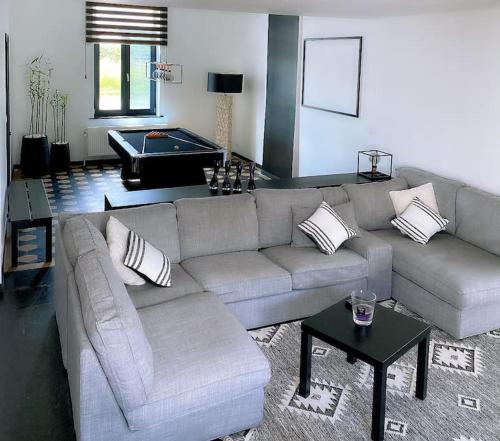 a living room with a couch and a pool table at La Maison Blanche in Namur