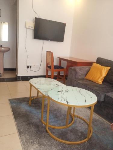 Thika的住宿－Amani homes，客厅配有桌子和沙发