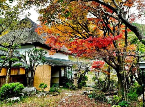una casa con follaje de otoño delante de ella en 洋々庵・古民家一棟貸・完全貸切・プライベートサウナ en Furuyu