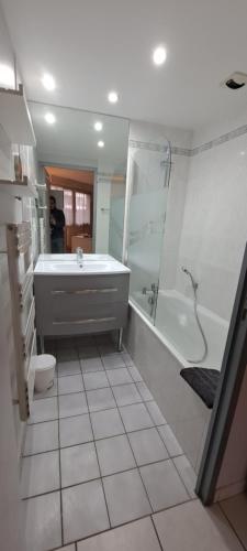 a bathroom with a tub and a shower and a sink at Appart T2 standing tout confort au calme - parking en option in Lyon