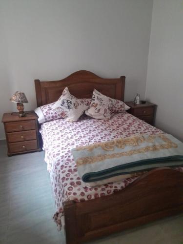 ein Schlafzimmer mit einem Bett mit Kissen darauf in der Unterkunft Alhoceima Ville Appartement in Al Hoceïma