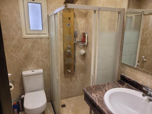 een badkamer met een toilet, een wastafel en een douche bij Logistic Apartment in Caïro