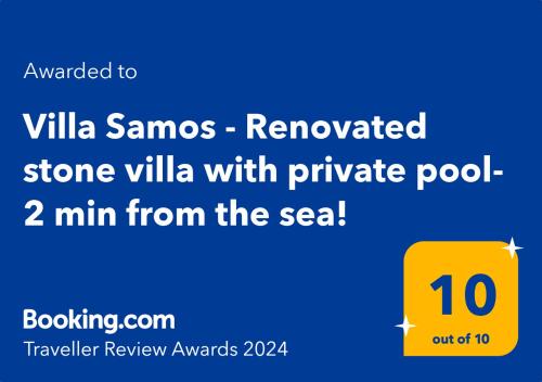 Sertifikāts, apbalvojums, norāde vai cits dokuments, kas ir izstādīts apskatei naktsmītnē Villa Samos - Renovated stone villa with private pool- 2 min from the sea!