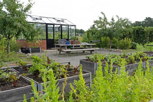 a garden with a picnic table and some plants at Siggesta Gård in Värmdö
