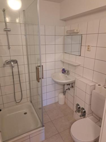 W łazience znajduje się prysznic, toaleta i umywalka. w obiekcie Apartmenthaus Hartl w mieście Barmstedt