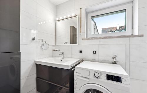 uma casa de banho branca com uma máquina de lavar roupa e um lavatório em Lovely Apartment In Ulm With House A Panoramic View em Ulm