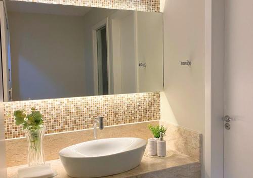 a bathroom with a white sink and a mirror at Hospedagem Terraço Naturale in Domingos Martins