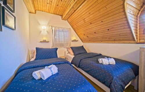 2 Betten in einem Schlafzimmer mit Holzdecke in der Unterkunft Gorgeous Home In Donji Zvecaj With Sauna in Donji Zvečaj