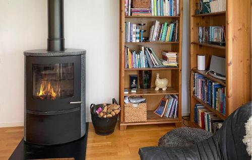 a fireplace in a living room with a book shelf at Gorgeous Home In Motala With Sauna in Motala