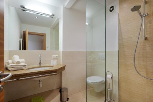 a bathroom with a shower and a toilet and a sink at Ausserglieshof Wohnung Portles in Malles Venosta