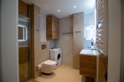 a bathroom with a toilet and a washing machine at Apartament AVIATOR - lokalizacja w centrum, wysoki standard, balkon, prywatny parking in Nowy Targ