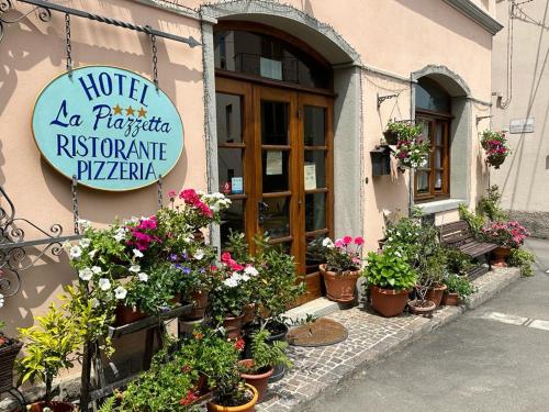 ein Geschäft mit Topfpflanzen vor einem Gebäude in der Unterkunft Hotel La Piazzetta in Vidiciatico