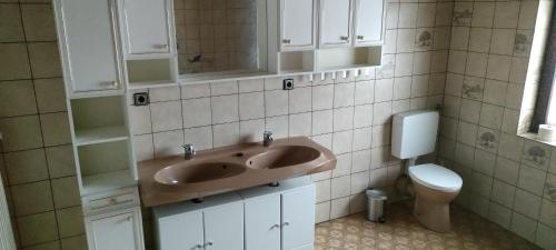 a bathroom with a sink and a toilet at Käfer e in Waldbrunn