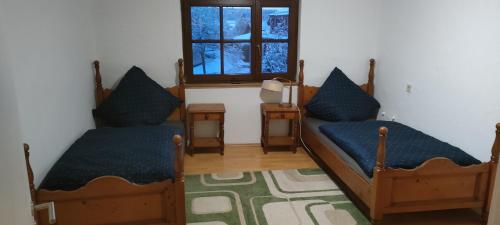 two beds in a room with a window at Käfer e in Waldbrunn