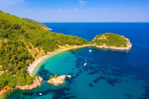 an aerial view of a small island in the ocean at Villa Margarita Galini in Skopelos Town