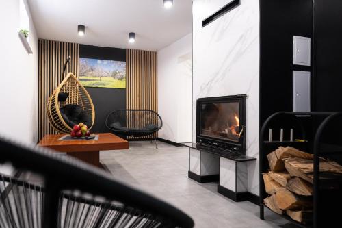 a living room with a fireplace and a television at Owocowe Wzgórze in Tęgoborze