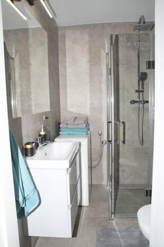 a white bathroom with a shower and a sink at apartament 1000-lecia in Wąbrzeźno