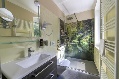 La salle de bains est pourvue d'un lavabo et de toilettes. dans l'établissement Lichtenhainer Wasserfall, à Lichtenhain
