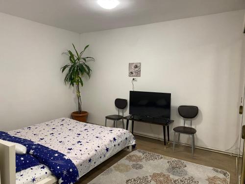 um quarto com uma cama e uma televisão de ecrã plano em Ardelean Apartment em Oradea