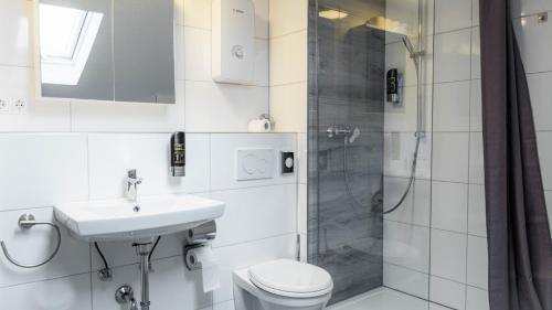 a bathroom with a shower and a toilet and a sink at E&B Apartments Waiblingen in Waiblingen