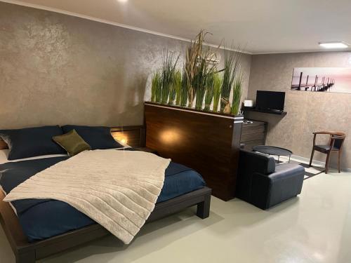 a bedroom with a bed and a chair and plants at Apartments RENESANCE in Bojnice