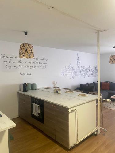 - une cuisine avec un îlot au milieu d'une pièce dans l'établissement Coup de Cœur à Colmar Centre avec Parking, à Colmar