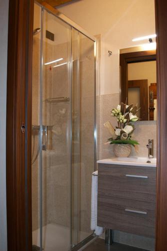 a bathroom with a shower with a sink and a mirror at Residence Porta Della Muda in Vittorio Veneto