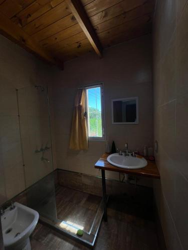 a bathroom with a sink and a shower and a mirror at Casa en Andino con pileta in Andino