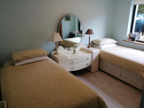 um quarto com 2 camas e um espelho em Greatlawne em Killarney