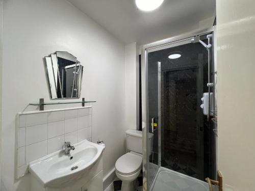 a bathroom with a toilet and a sink and a shower at Cosy Apartments - Finchley Road in London