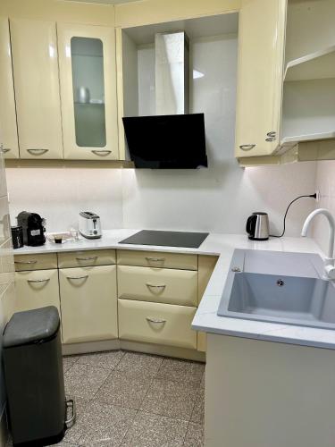 une cuisine avec des armoires blanches et un évier et un évier dans l'établissement Superb modern and spacious apartment Mathis, à Paris