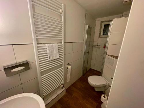 uma pequena casa de banho com WC e lavatório em Nobis Krug em Groß Sarau