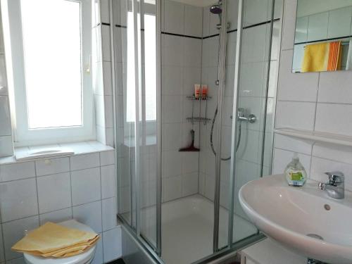 コンスタンツにあるFerienwohnungen Böhmeのバスルーム(ガラス張りのシャワー、シンク付)