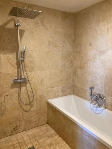 une salle de bain avec baignoire et douche dans l'établissement Campagne-Chic, à Bazas