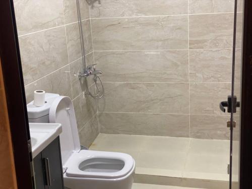 een badkamer met een toilet en een douchecabine bij Lucas Camp Wadi Rum in Wadi Rum
