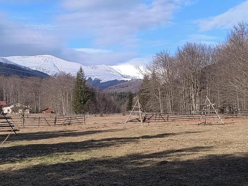 a field with a fence and snow covered mountains at Poiana Sașilor - Valea Doftanei in Trăisteni