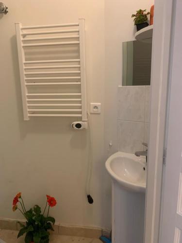 een witte badkamer met een wastafel en een spiegel bij Gite 5 personnes SOLOGNE in Hargeville