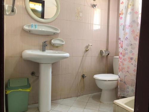 a bathroom with a sink and a toilet and a mirror at Everest Hotel Apartments in Sharjah