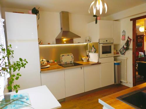 a kitchen with white cabinets and a stove at La Chambre aux Hérons in Nantes
