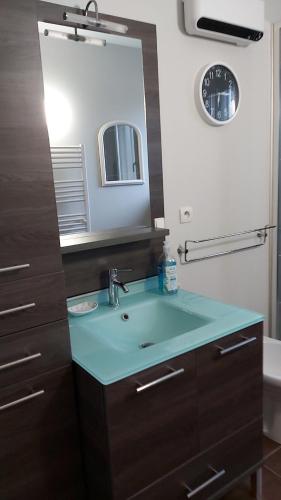 La salle de bains est pourvue d'un lavabo et d'un miroir. dans l'établissement COSYMEDOC, à Le Pian-Médoc