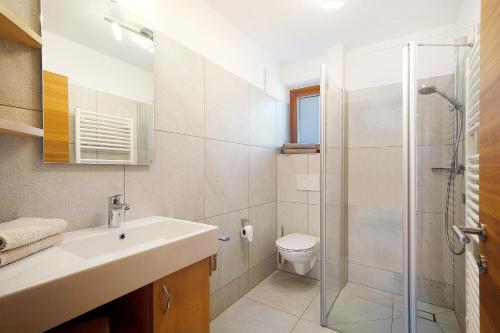 y baño con ducha, lavabo y aseo. en Unterdurachhof Apartment Martin, en Ultimo