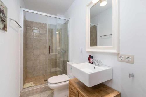 een badkamer met een wastafel, een toilet en een douche bij Maca Plaza in Campanet