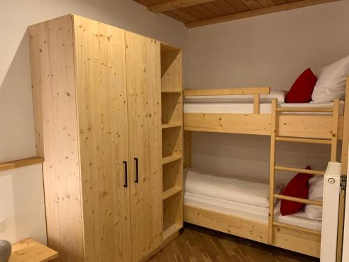 a bunk bed room with wooden cabinets and bunk beds at Unterurbanhof Apt Die Zwei in Unsere Liebe Frau im Walde