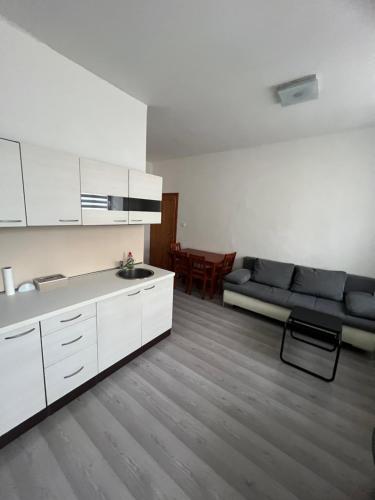 kuchnia z białymi szafkami i kanapą w pokoju w obiekcie Apartman Orlí hnízdo w mieście Liberec