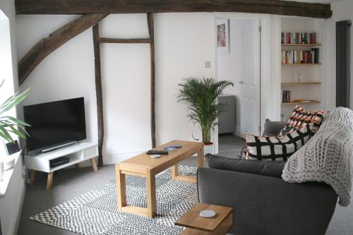 a living room with a couch and a tv at No. 82 Grade II Listed Norwich City Centre Flat in Norwich