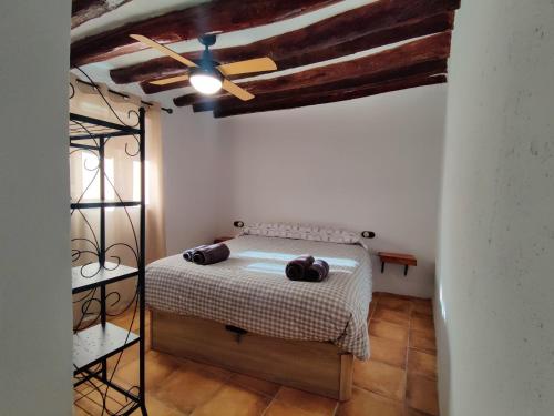 a bedroom with a bed and a ceiling fan at Casa Rural Serrano in Abrucena